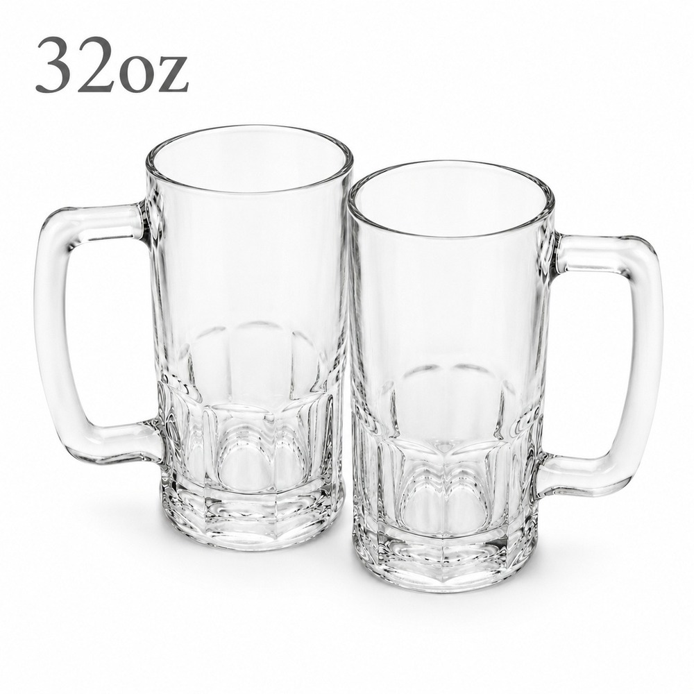 Vintage Heavy Clear Glass Beer Mugs Set of 2 Paneled Base Tankard Stein 12oz